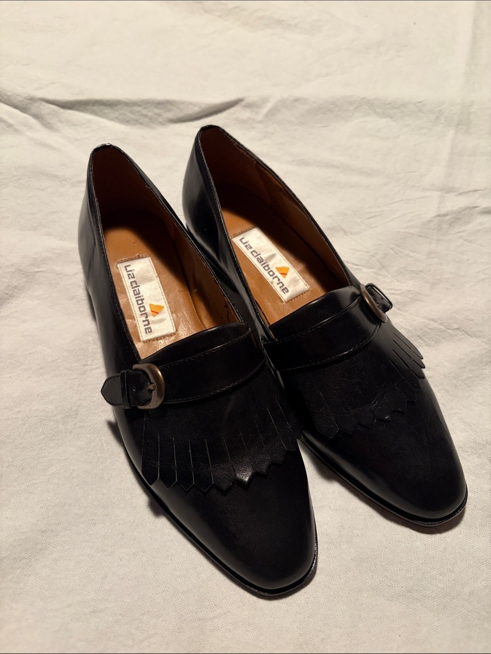 Liz Claiborne Black Fringe Loafers with Buckle Accent